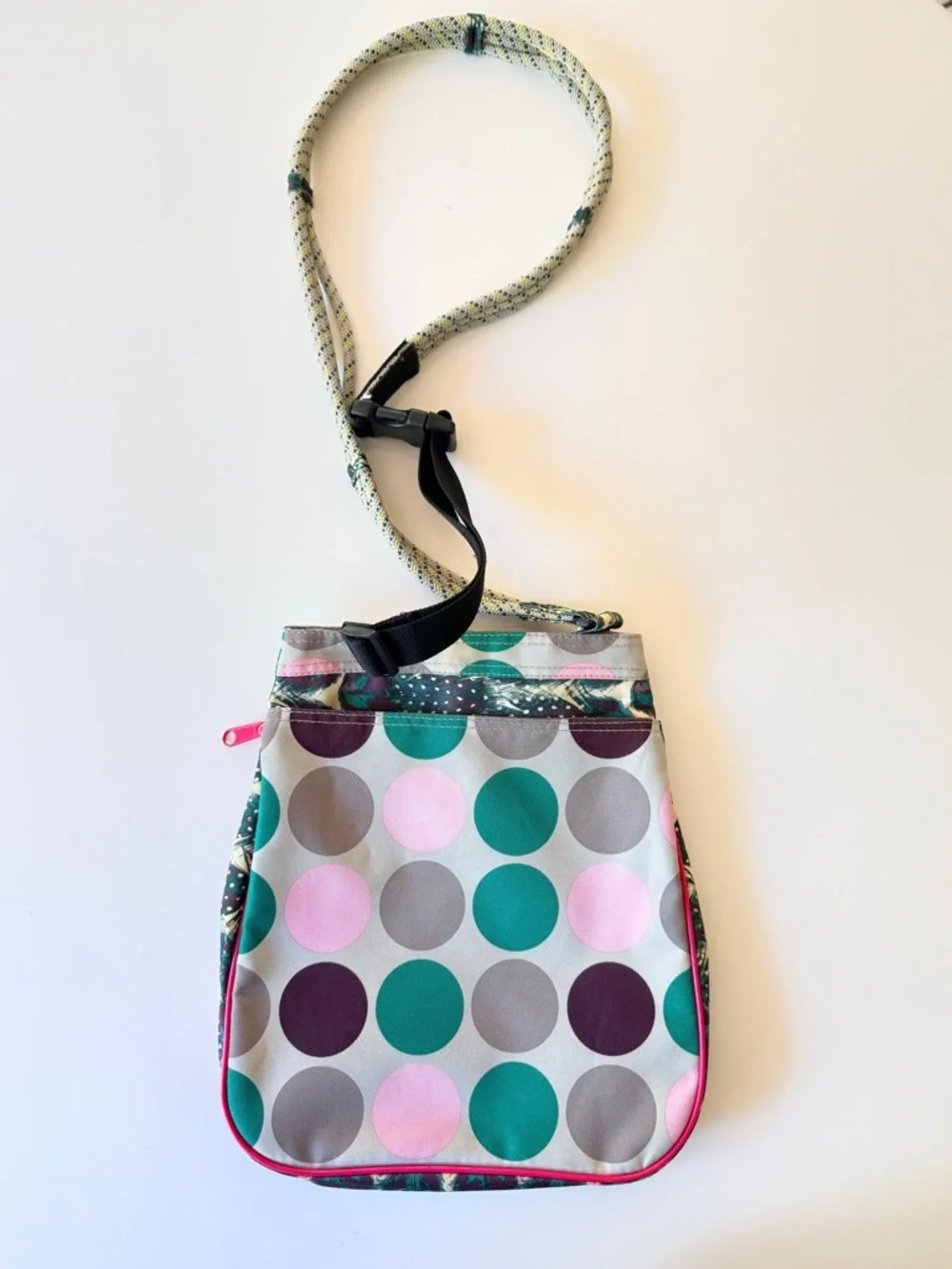 Kavu Polka Dot Crossbody Bag in Pink, Teal, Brown and Gray